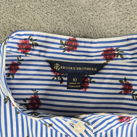 Brooks Brothers Shirt Womens 10 White Blue Striped Roses Long Sleeve Career Work - Picture 10 of 11